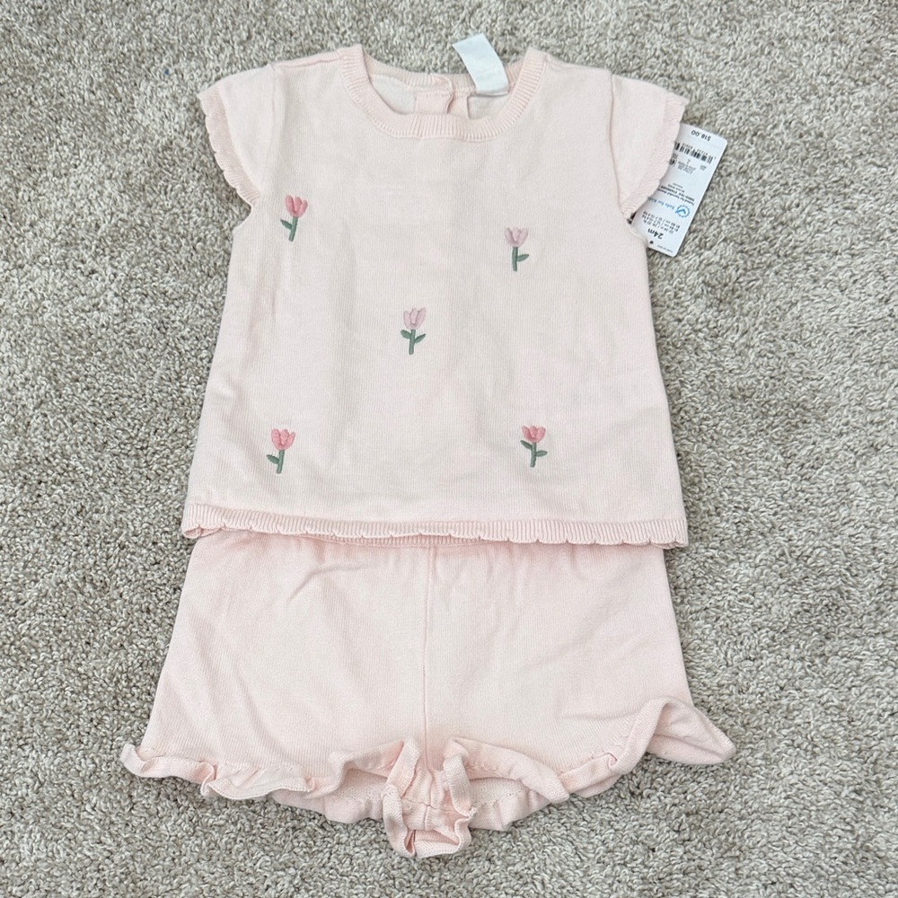 Light Pink Baby Two-Piece Set with Tulip Embroidery